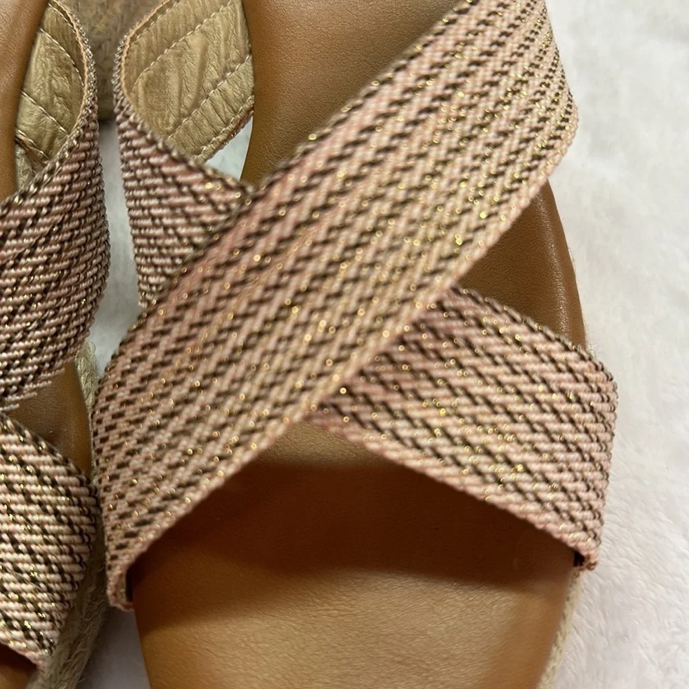 NorthStyle Wedge Block 2” Wedge Espadrille Peach/Shimmer Gold Stitching Size 39